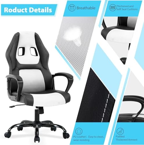 PC Gaming Chair Ergonomic Computer Chair High-Back Racing Gaming Chairs with Lumbar Support Armrest Adjustable PU Leather Office Desk Chair Swivel Rolling Executive Video Gaming Chair for Adults