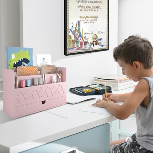 Wisuce Bamboo Mail Organizer with Drawer, Countertop Desk Organizer (Pink)