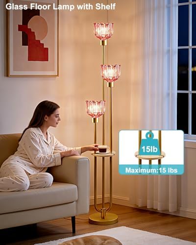 3-Light Lotus Floor Lamp, Mid Century Modern Deep Red Glass Gold Floor Lamp for Living Room, 62 Inch Standing Tall Lamps with Warm White 3000K Bulbs for Bedroom Sofa Beside Home Decor