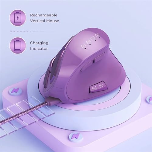 Vertical Mouse, Wireless Ergonomic Optical Mouse (BT 5.0 + Bluetooth 3.0 + USB Connection) with 9 Buttons, Rechargeable Computer Mouse for Wins PC/Laptop, Mac (Purple)