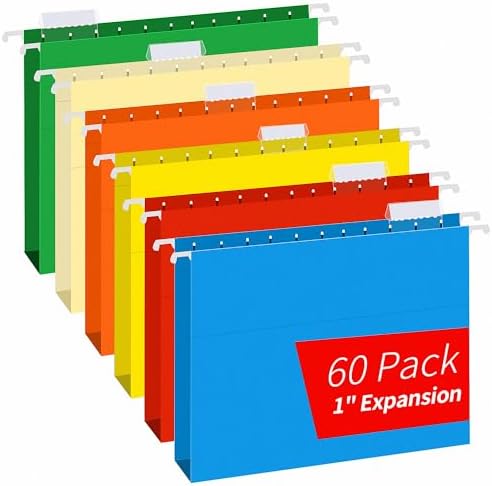 Extra Capacity Hanging File Folders, RAZCC 60 Pack Letter Size Reinforced Hanging Folders with Heavy Duty 1 Inch Expansion for Bulky Files, Filing Cabinet, Adjustable Tabs, Assorted Colors