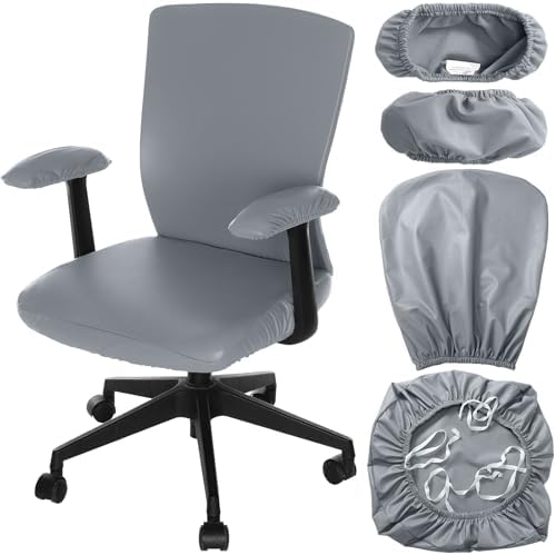 Tallew 4 Pcs Office Chair Covers PU Leather Office Desk Accessories Universal Computer Chairs Cover Stretchable Protective Chair Seat Covers Desk Armrest Cover Slipcovers Rotating Backrest(Grey)