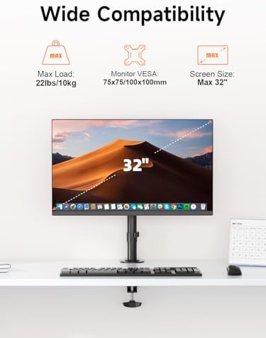 Bracwiser Single Fully Adjustable Monitor Arm Stand Mount Fits One Screen 13-32 inch 22lbs for Monitor Computer Screen 13 15 17 19 20 22 23 24 26 27 30 32 inch VESA 75 100 (MD7401)