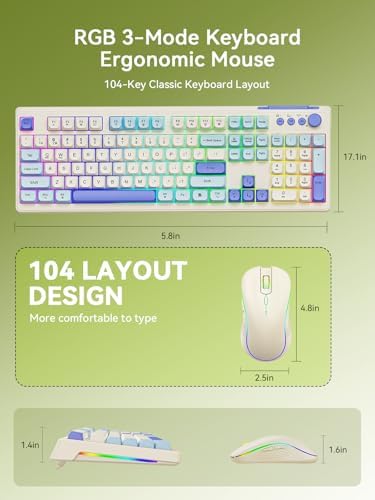 Wireless Keyboard and Mouse Combo, RGB Backlit Rechargeable 2000 mAh Battery, Wireless Computer Keyboards, Tri-Mode Bluetooth/2.4GHz/USB-C Custom Creamy Keyboard, RGB Backlit Media Knob