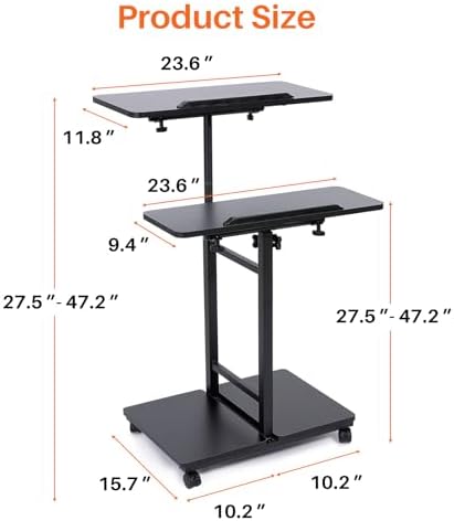 Mobile Computer Cart with Tower Stand, 27.5"-47.2" Height Adjustable