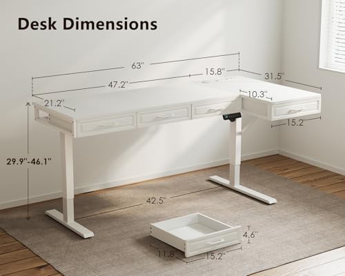 OffiGo 63 Inch L Shaped Standing Desk with 4 Wooden Drawers, White
