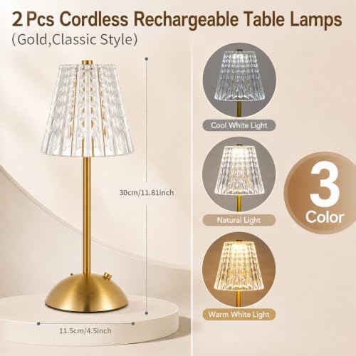 2 Pcs Cordless Table Lamp Rechargeable Touch Lamp,Gold Classic