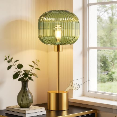 QiMH Glass Table Lamp for Living Room, Modern Bedside Lamp with Green Ribbed Glass Shade, 3-Way Dimmable Touch Control Nightstand Lamp for Bedroom, Brushed Gold (2700K LED Bulb Included)