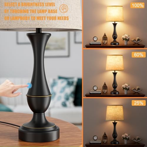 Touch Lamps for Nightstand, 3 Way Dimmable Lamps for Bedroom with USB C+A