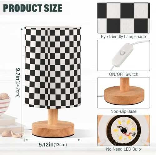 Bedside Lamp Black White Checkered Pattern Table Lamp for Bedroom LED Nightstand Lamp Shade USB Ports Wood Base for Living Room Dorm Office