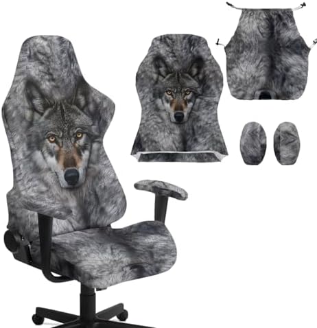 Wild Wolf Print Gaming Chair Cover with Armrest Cover Zipper Design Stretchable Universal Swivel Chair Protector Scratch Proof Washable Office Desk Chair Slipcover,4 Pcs