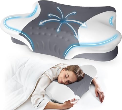 Cervical Neck Pillow for Side Sleeper - Memory Foam Pillows Ergonomic Neck Support for Pain Relief Contour Memory Foam - Adjustable Orthopedic Bed Pillows with Breathable Pillowcase (Black-Gray)