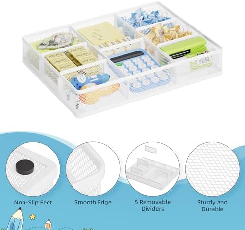 Marbrasse Desk Drawer Organizer, Metal Mesh Drawer Organizer Tray with 5 Adjustable Compartments,Desk Organizers and Accessories for Home,Office,Kitchen,Makeup,Vanity (White,2Pack)