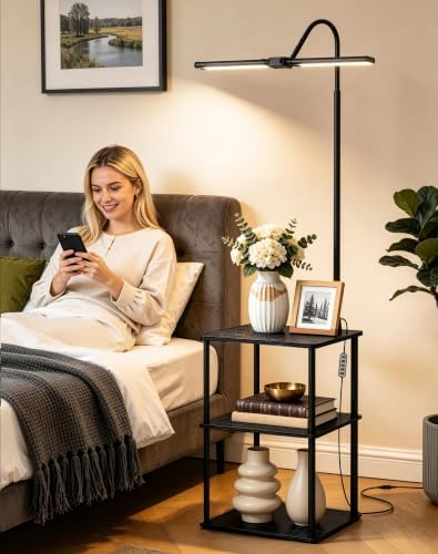 LED Floor Lamp with Table, 18W Bright Reading Floor Lamp for Office, Narrow Side Table with Dual Head Goose-Neck, Adjustable Brightness & Color Temp, End Table with Storage Shelves-Black