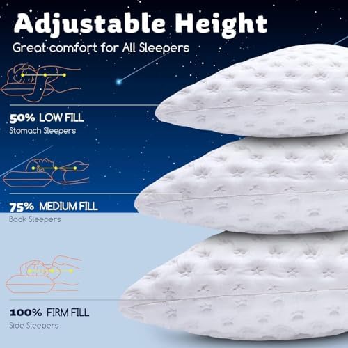 KUCEY Cooling Side Sleeper Pillow for Neck and Shoulder Pain, Luxury Shredded Memory Foam Curved Bed Pillows for Sleeping Set of 2- Adjustable Standard Size- Washable Cover Crescent White