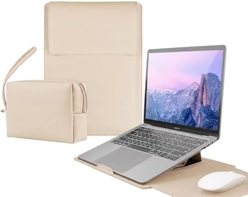 4-in-1 Laptop Sleeve with Stand and Mouse Pad, Faux Leather Protective Case with Accessory Pouch for 13.3-14 Inch Laptops (Beige)
