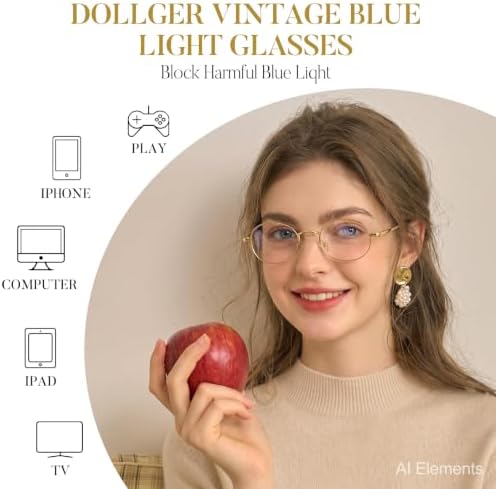 Dollger Oval Blue Light Glasses for Women Retro Anti Bluelight Blocker Glasses Men for Computer Small Metal Frame Eyeglasses