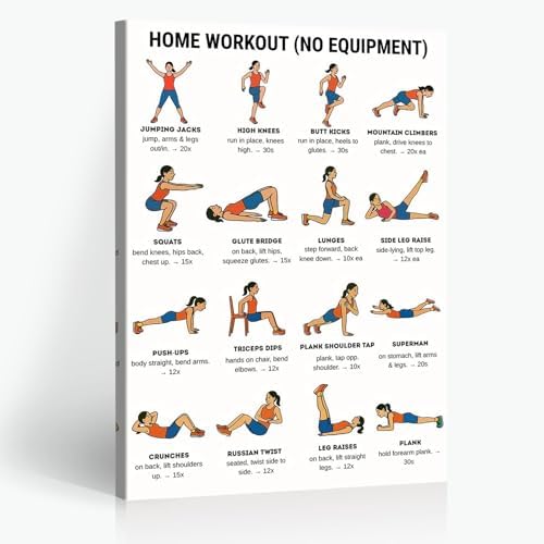 No Equipment Home Workout Poster, 16 Illustrated Full-Body Bodyweight Training Chart with Rep & Timing Guides, Beginner Friendly Full Physique Fitness Reference for Indoor Daily Cardio & Strength Building Routine(20x30inchs，Wrapped Framed)