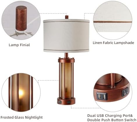 RORIA Set of 2 Farmhouse Table Lamps for Living Room with 2 USB Ports