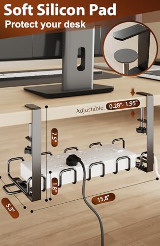 Cable Management Tray Under Desk 15.8'' - 4mm Wire Sturdy Cord Organizer for Desk Accessories - Cord Organization with Clamp No Drill - Standing Desk Accessories for Home Office