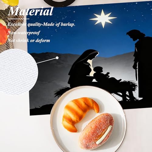 Shrahala White Christmas Christian Baby Set of 6 12 X 18 Inch Linen Placemats, Light Purple Bethlehem Star Burlap Table Mat Washable Double Layered Heat Insulation for Indoor/Outdoor