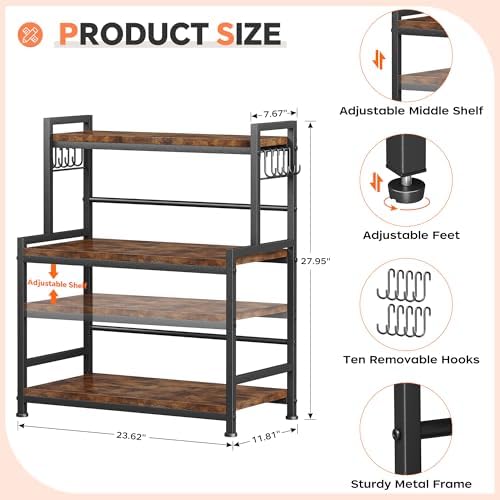23.6"W Large Kitchen Countertop Organizer,3 Tier Spice Rack Organizer with Adjustable Shelf and 10 Hooks,Wooden Counter Organizer,Space Saving Countertop Shelf Microwave Stand for Kitchen,Coffee Bar