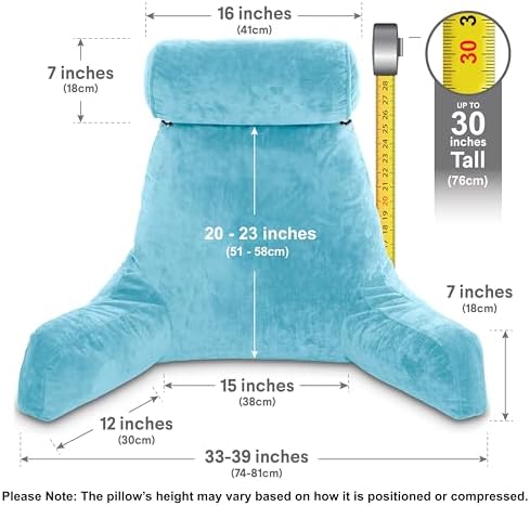 Husband Pillow XXL The Original for Adults - 30" Tall Backrest for Sitting Up in Bed - Firm Support Reading, Bed Rest Pillow for Adult, Neck Roll, Removable Cover - TV - Carolina Blue