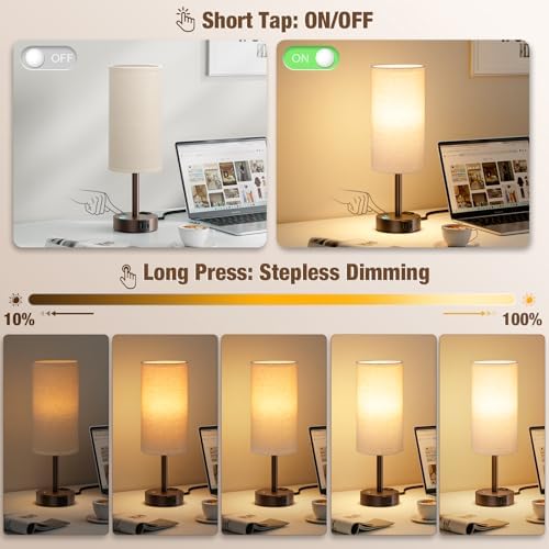 Brown Touch Bedside Lamp for Bedroom, Stepless Dimmable, USB A+C, AC Outlet