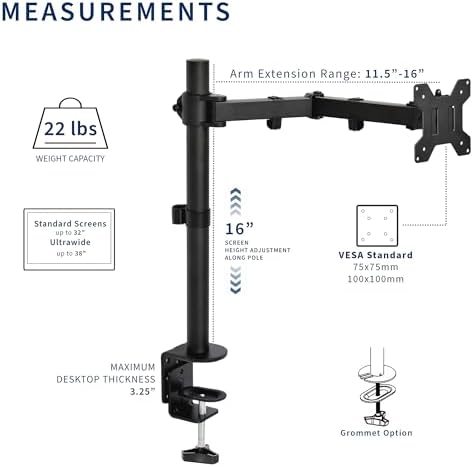 VIVO Single 13 to 38 inch Ultrawide Monitor Arm Desk Mount, Regular Screens up to 32 inches, 22 lbs capacity, Fully Adjustable Stand with C-Clamp and Grommet Base, Black, STAND-V001