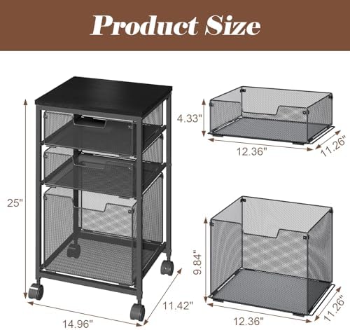 Sbanmao Rolling File Cart with 3 Drawers, Filing Cabinet, Hanging Folder Holder Organizer with Wheels, Under Desk Storage Utility Cart, File Cabinet Printer Stand for Home Office, Black