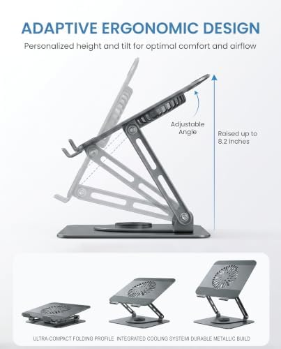 Laptop Stand with Cooling Fan, 360° Rotating Base, Adjustable Height & Angle, Ergonomic Computer Riser with Non-Slip Silicone Pads