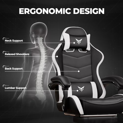 GTPLAYER Gaming Chair for Adults, Big and Tall 300LBS Heavy Duty Office Chair with Footrest, Ergonomic High Back Lumbar Support and Wide Comfy Cushion with Linkage Armrests for Home Office, White