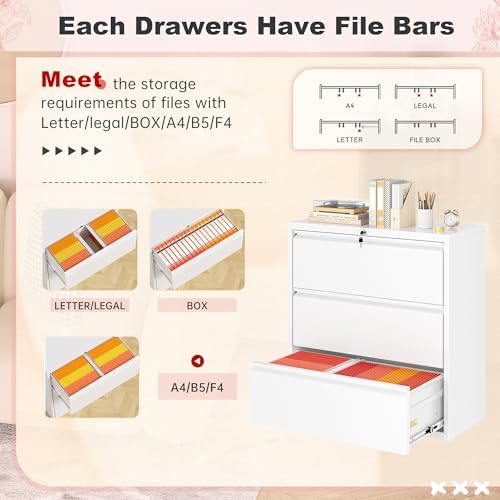 Superday Lateral File Cabinet 3 Drawer Metal File Cabinet with Lock, White Filing Cabinets for Home Office, Locking Filing Cabinets Hanging Files Letter/Legal/F4/A4