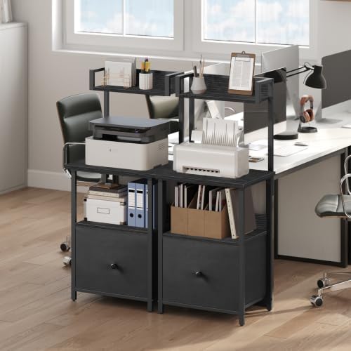 MAHANCRIS Printer Table with Storage, Home Printer Stand with File Cabinet, Fits A4/Letter Size Files, Printer Cabinet with Large Tabletop, Display Shelf, for Home Office, Black PTBK3501