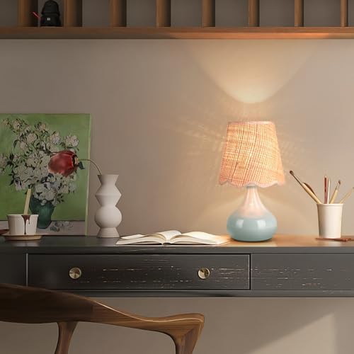 Blue Small Touch Control Table Lamp for Bedroom, Blue Bedside Lamps for Nightstand,Cute Mini Small Table Lamps for Small Spaces with Scalloped Shade for Kitchen Counter,Bookshelf,Living Room