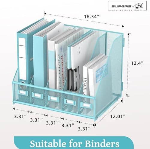 SUPEASY Desk Organizers Metal Desk Magazine File Holder with 5 Vertical Compartments Rack File Organizer for Office Desktop, Classroom, Home Workspace, Blue Plus