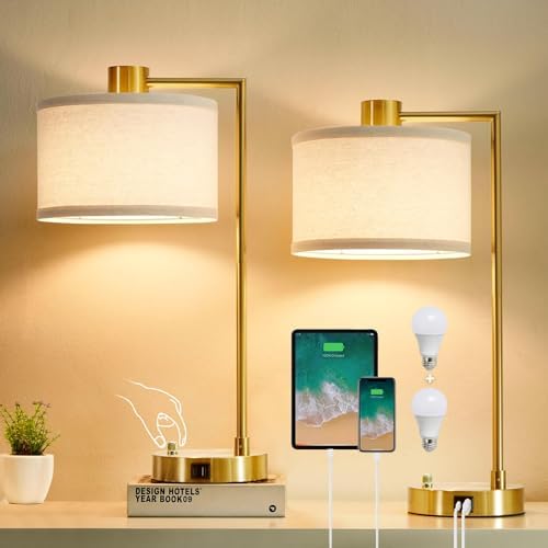 Gold Table Lamp Set of 2, Dimmable Bedside Lamps for Night Stands, USB A+C