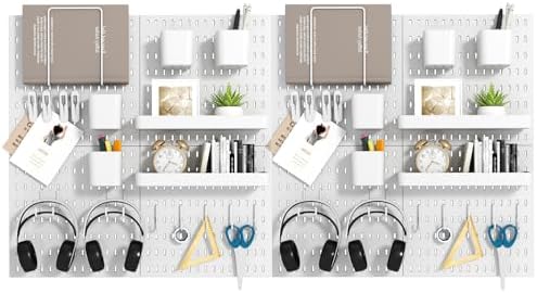 Peg Board Combination Kit, 8 Pegboards with 40 Accessories, Pegboard Wall Organizer for Office, Nursery & Home Storage, Key Holder, 51.2"x25.6" – Nail-Free Installation（White）