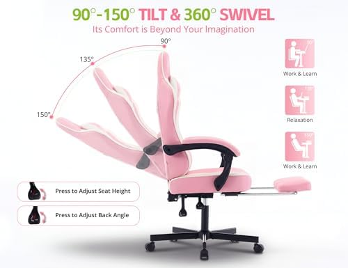 Office Desk Computer Gaming Chair for Adults, Ergonomic High Back Gamer Chair with Massage and Pocket Spring Cushion, Swivel Comfy Video Game Chairs with Footrest and Lumbar Support (Pink White)