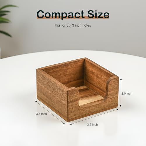 Acacia Wood Sticky Note Holder, 3x3 Post It Note Dispenser with Anti-Slip Pads, Natural Wooden Memo Organizer for Office Home School (3.5“x3.5"x2")