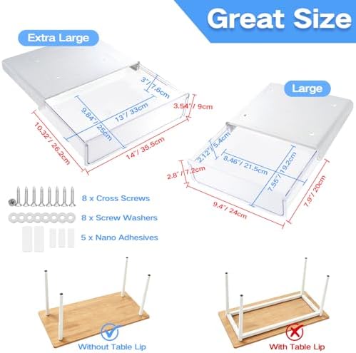 OSPNIEEK Self-adhesive Under Desk Drawer Organizer, 2 Pack Table Hidden Slide Out Large Storage Mounted Desktop Pencil Holder Tray Drawers for Office Home School Stationery Kitchen (XL+L, White)