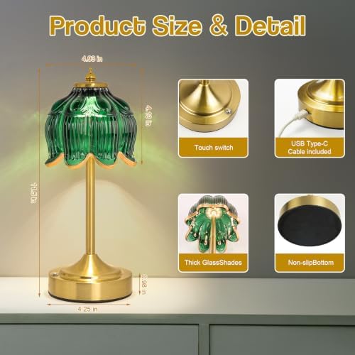 Cordless Table Lamp, Rechargeable Dark Green Glass Lotus Flower Lamp