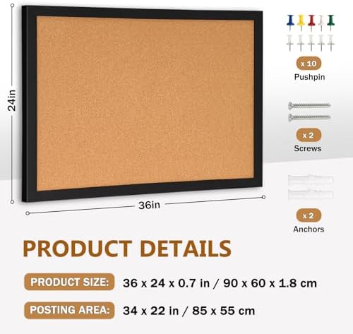 DOLLAR BOSS Cork Board for Wall 36"x24", Black Wood Framed Bulletin Board