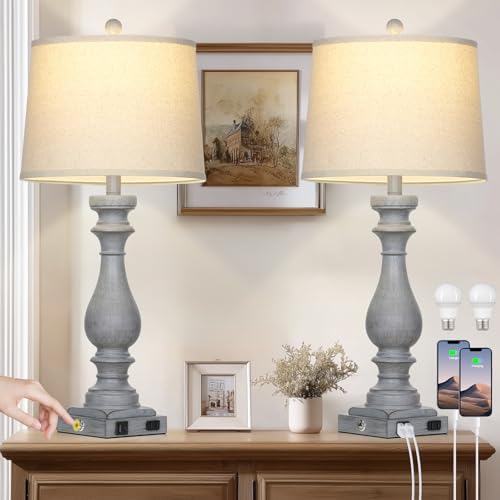 Cinkeda 29" Tall Farmhouse Table Lamp for Living Room Set of 2,Vintage Retro Nightstand Lamps with USB C+A Ports & AC Outlet,3-Way Dimmable Touch Bedside Lamp for Bedroom Side Table,Light Grey