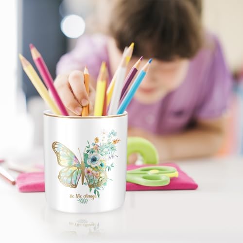 Cute Pen Holder for Desk, Ceramic Durable Pencil Cup, Simple&Modern Style Makeup Organizer, Multifunctional Office Supplies for Home, Kids and School, Butterfly Pattern