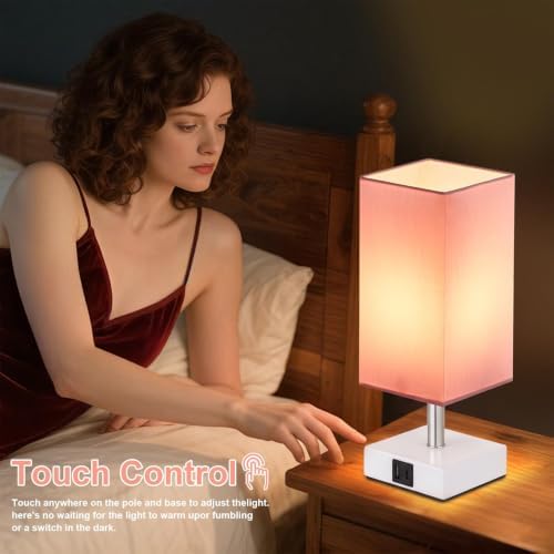 Touch Table Lamps Set of 2 for Bedroom - Dimmable, USB C+A, White Base