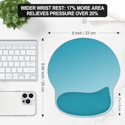 ITNRSIIET Ergonomic Mouse Pad with Wider Memory Foam Wrist Rest +17%, Curved Cushion Reduces Pressure 20%, Pain Relief, Non-Slip, Smooth, Cute Color Desk Accessory, 9.85 x 9 inch, Blue