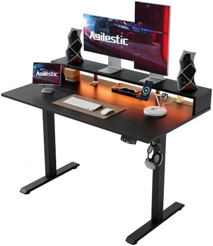 Agilestic 55 * 24 Inch Electric Standing Desk with Shelf & Led, Black
