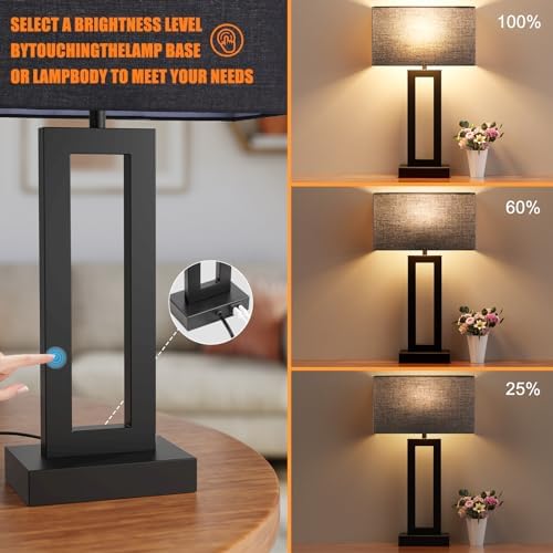 Seealle 22" Tall Living Room Lamps for Night Stands - Touch Bedside Lamp with USB C+A, 3 Way Dimmable Bedroom Lamps for End Tables Set of 2, Modern Night Stand Lamps for Bed Side(Black&Black)