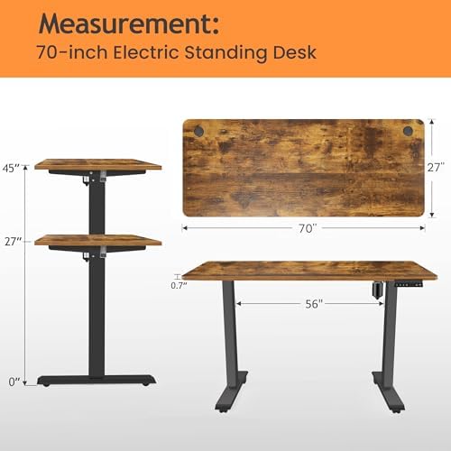70.8'' x 27'' Electric Standing Desk Adjustable Height with Charging Station, Wheels, 2 USB Ports, 3 Power Outlets, 27''-46'' Lifting Range Stand up Desk for Home Office(Brown)
